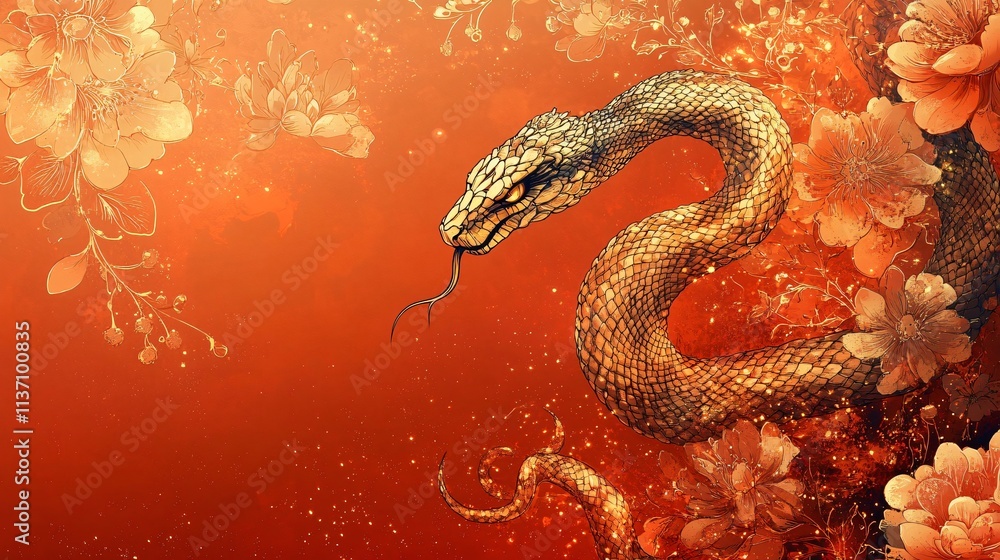 Obraz premium A vibrant illustration of a golden serpent coiling against an intricate floral background, perfect for Lunar New Year celebrations, especially during the Year of the Snake.