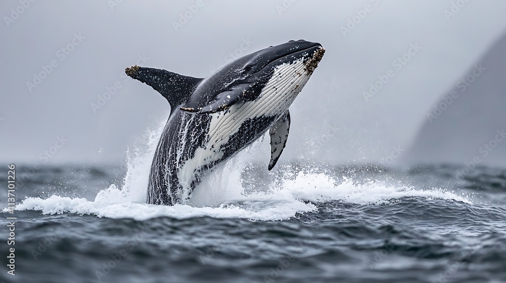 Naklejka premium Humpback Whale Breaching Ocean Waves