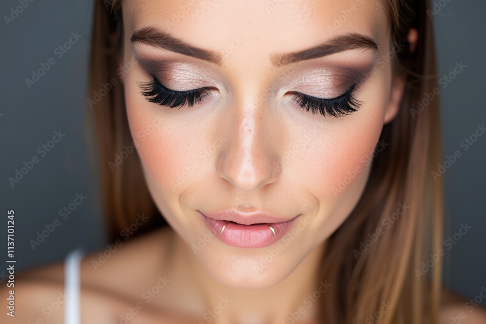 Elegant Close-Up of a Woman with Stunning Makeup and Long Eyelashes, Perfect for Cosmetic Advertising or Beauty Tutorials Elegant Close-Up of a Woman with Stunning Makeup and Long Eyelashes, Perfect for Cosmetic Advertising or Beauty Tutorials