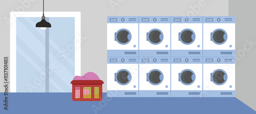 Laundry service. Washing machine. Laundry room. Basket clothes. Self service laundry.