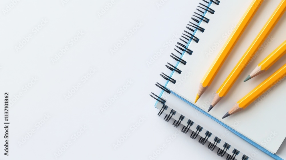 A nostalgic Back to School theme with pencils and notebooks on a clean, crisp white background, macro shot A nostalgic Back to School theme with pencils and notebooks on a clean, crisp white background, macro shot