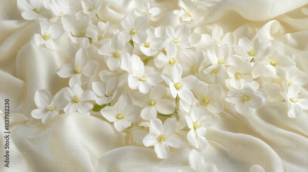Delicate White Flowers on Cream Silk Fabric Delicate White Flowers on Cream Silk Fabric