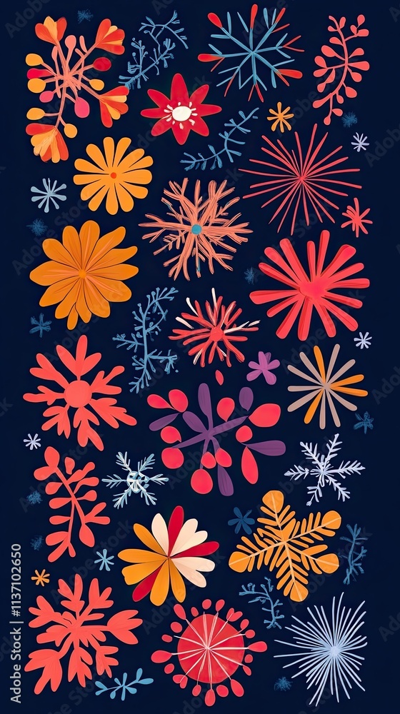 Vibrant Floral and Snowflake Patterns on Dark Background with Bold Colors, Perfect for Holiday Designs and Winter-Themed Projects and Crafts Vibrant Floral and Snowflake Patterns on Dark Background with Bold Colors, Perfect for Holiday Designs and Winter-Themed Projects and Crafts