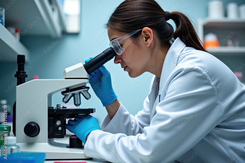 Scientist in White Lab Coat Examining Sample Under Microscope in Modern Laboratory Setting, Ideal for Science Education and Research Promotion Materials Scientist in White Lab Coat Examining Sample Under Microscope in Modern Laboratory Setting, Ideal for Science Education and Research Promotion Materials