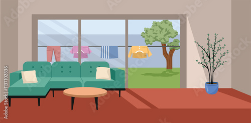 Backyard. Living room. Furniture. Sin light. Drying clothes in the backyard. Tree. Sofa. Table.