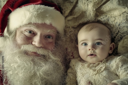 Festive time season promotion concept visual design picture for advertisement and internet use. Happy christmas, Ñute baby boy amused with santa claus. Christmas snowy ads. Merry christmas ads. photo