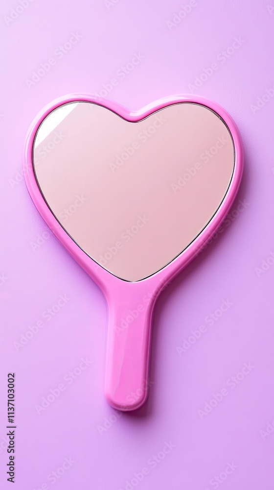 Heart-shaped hand mirror with a glossy surface resting on a vibrant purple background, perfect for beauty and fashion concepts, self-care, and playful aesthetic imagery. Heart-shaped hand mirror with a glossy surface resting on a vibrant purple background, perfect for beauty and fashion concepts, self-care, and playful aesthetic imagery.