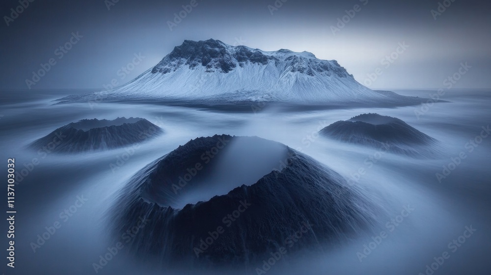 Naklejka premium Mystical Winter Island with Volcanic Craters