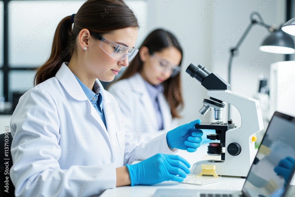 Scientists in Lab Coats Examining Microscope Slides in Modern Laboratory Setting, Ideal for Science Education and Research Promotion