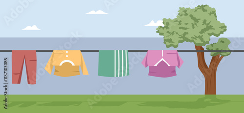 Clothesline illustration. Drying clothes. House work. Laundry. Washing clothes. Wet clothes