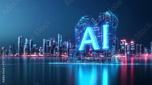 A futuristic skyline glowing in aqua blue, with faintly visible 