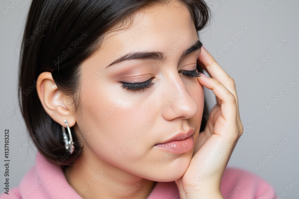 Elegant Young Woman in Pink Sweater with Long Earrings, Perfect for Fashion and Beauty Product Advertisements Elegant Young Woman in Pink Sweater with Long Earrings, Perfect for Fashion and Beauty Product Advertisements