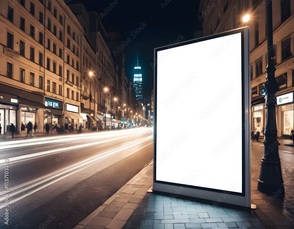 Vertical billboard mockup on a street at night with car light trails and buildings in the background Vertical billboard mockup on a street at night with car light trails and buildings in the background