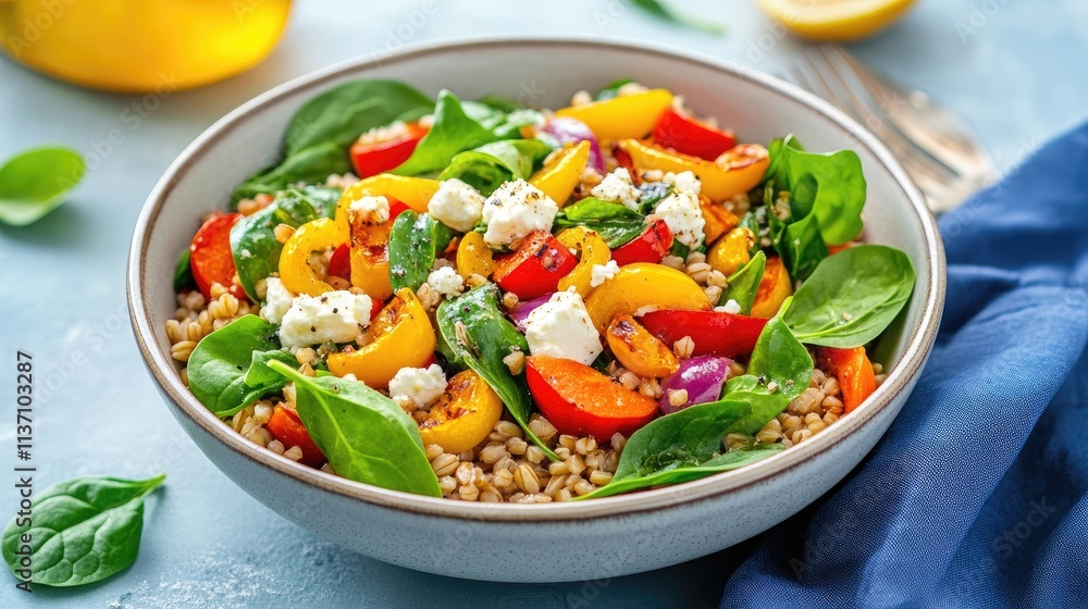 Fresh and Colorful Salad with Spinach, Grilled Peppers, and Feta Cheese on a Light Blue Background Perfect for Healthy Eating and Summer Recipes Fresh and Colorful Salad with Spinach, Grilled Peppers, and Feta Cheese on a Light Blue Background Perfect for Healthy Eating and Summer Recipes