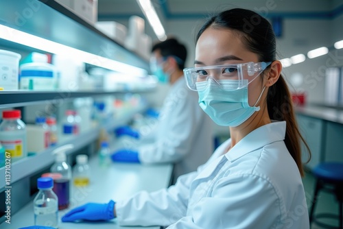 Professional Scientist in Lab Coat and Safety Gear Focused on Work, Perfect for Science Education and Laboratory Safety Promotions