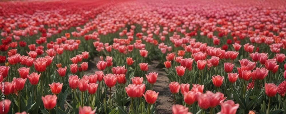 In the midst of a vast field of delicate pink petals, one tulip blooms with bold red and yellow hues, bold flower, vibrant colors