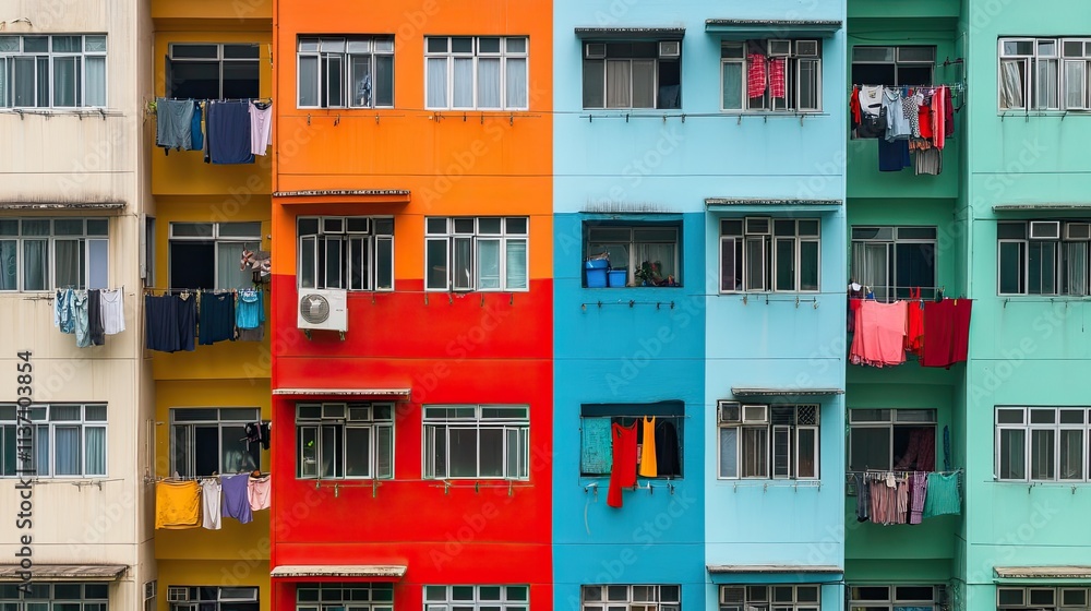 Vibrant and Colorful Apartment Building Facade with Laundry Hanging in a City, Showcasing Multicolored Walls and Daily Urban Life Activities Vibrant and Colorful Apartment Building Facade with Laundry Hanging in a City, Showcasing Multicolored Walls and Daily Urban Life Activities