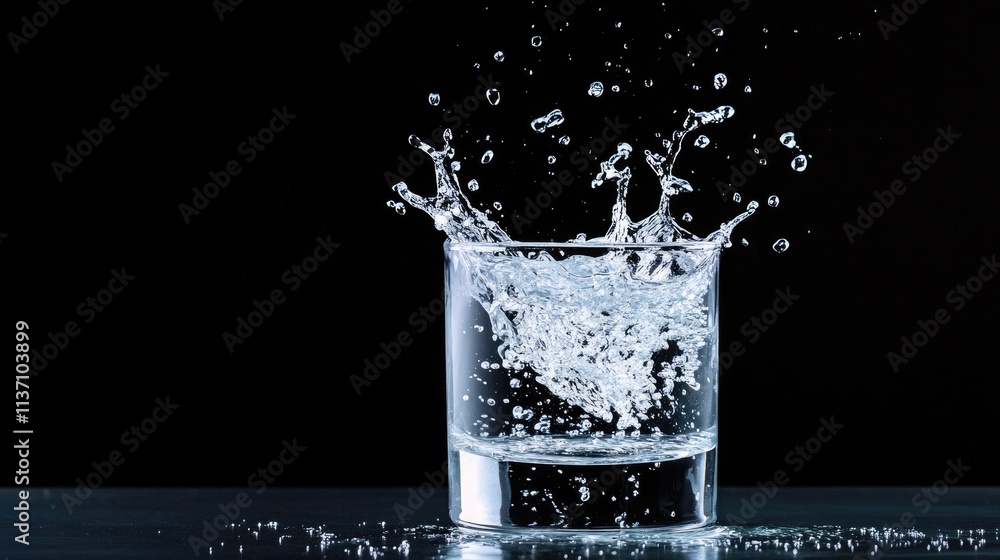 Splash of Water in Glass Captured in Dramatic Moment Highlighting Fluid Dynamics and Motion Against a Black Background for Creative Projects Splash of Water in Glass Captured in Dramatic Moment Highlighting Fluid Dynamics and Motion Against a Black Background for Creative Projects