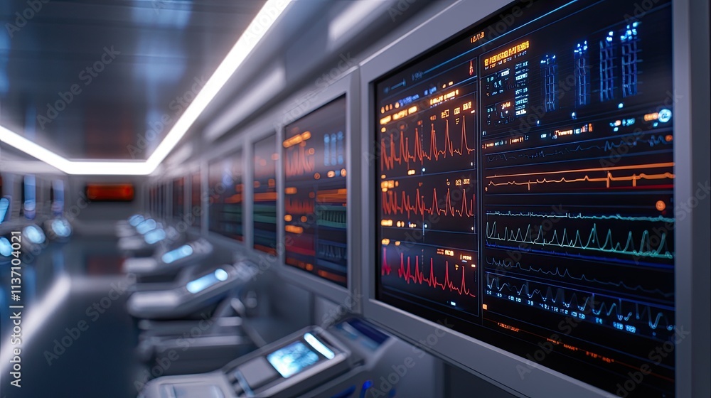 High-Tech Medical Monitoring Room with Multiple Screens Displaying Vital Signs, Heart Rates, and Patient Data in a Modern Healthcare Environment High-Tech Medical Monitoring Room with Multiple Screens Displaying Vital Signs, Heart Rates, and Patient Data in a Modern Healthcare Environment