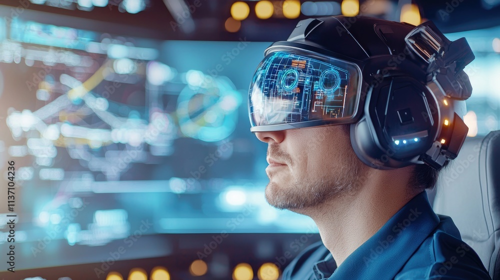Futuristic Man Engaged in Immersive Virtual Reality Experience While Wearing Advanced VR Headset and Headphones in High-Tech Environment with Data Visualizations Futuristic Man Engaged in Immersive Virtual Reality Experience While Wearing Advanced VR Headset and Headphones in High-Tech Environment with Data Visualizations