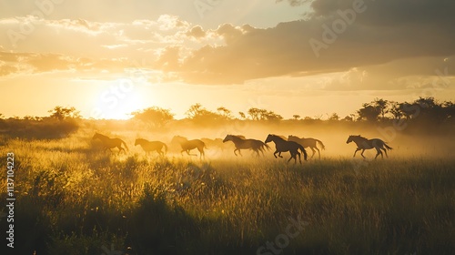 Wild horses running free at sunset across the savanna