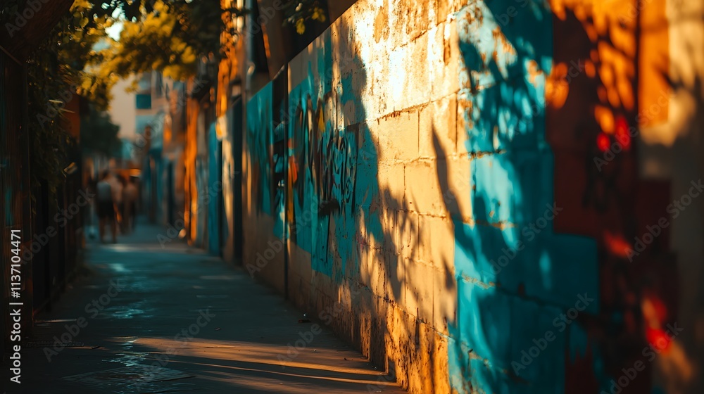 Fototapeta premium Sunlit Alleyway Wall Graffiti Urban Scene