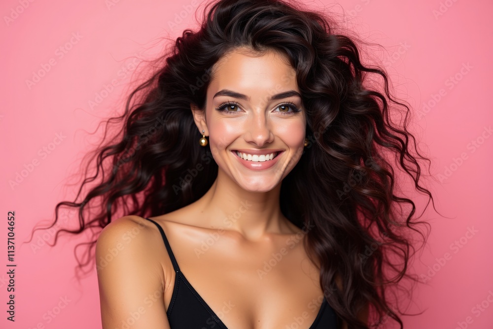Vibrant Portrait of a Young Woman with Curly Hair on a Pink Background Perfect for Advertising and Social Media Vibrant Portrait of a Young Woman with Curly Hair on a Pink Background Perfect for Advertising and Social Media