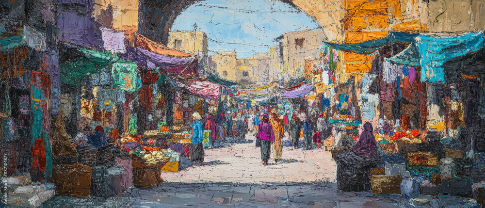 Fototapeta premium Vibrant Market Scene: Ancient City, Colorful Fabrics, Busy Street, Impasto Painting