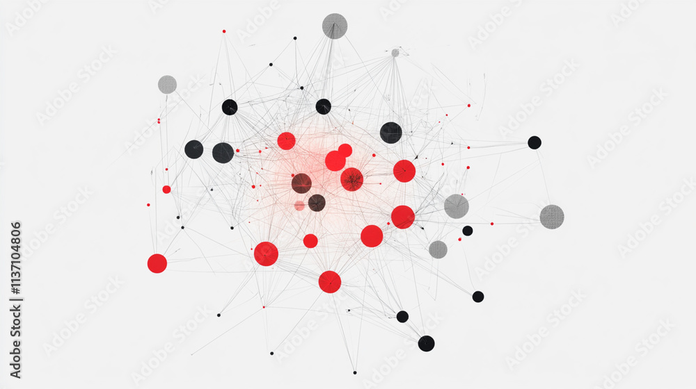 Abstract digital network visualization with interconnected nodes in red, black, and gray highlighting relationships in complex data structures Abstract digital network visualization with interconnected nodes in red, black, and gray highlighting relationships in complex data structures