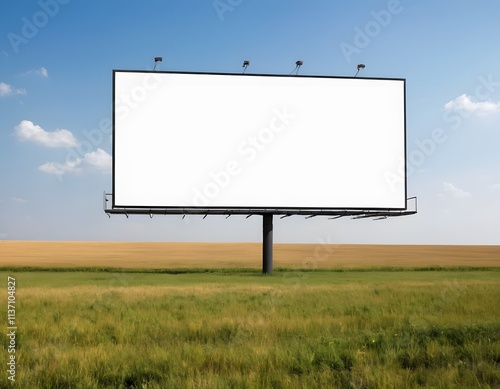Large blank billboard displaying advertising space in green field under blue sky