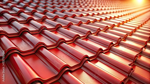Wallpaper Mural Red corrugated roof tiles: seamless texture, bokeh backdrop, architectural design, building material. Torontodigital.ca