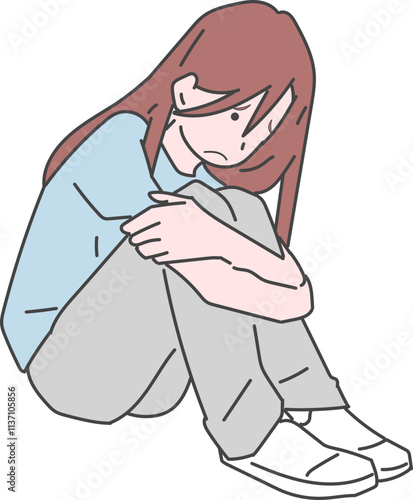 膝を抱えて落ち込む女の子のイラスト

