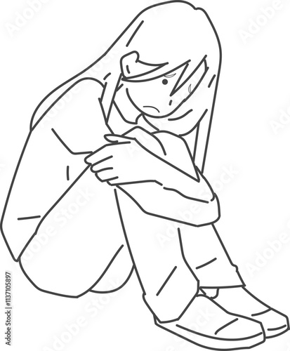 膝を抱えて落ち込む女の子のイラスト

