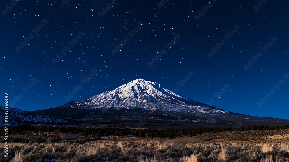 Fototapeta premium Majestic Snowcapped Mountain Under Starlit Night Sky