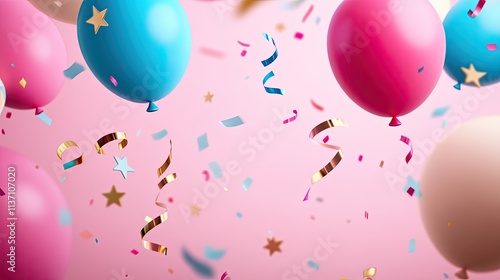 Colorful Balloons Floating Among Festive Confetti and Streamers in a Joyful Celebration with a Soft Pink Background