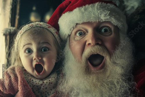 Happy holiday season season, Ñute child girl astounded with santa claus. Christmas marketing concept art snapshot for advertisement and internet marketing use. Christmas toddler santa.