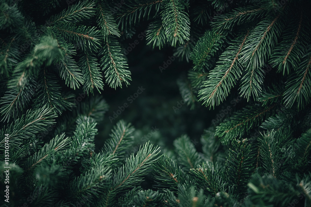 Close view of pine branches creating a natural frame in a lush forest Close view of pine branches creating a natural frame in a lush forest