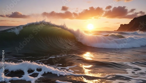 Fototapeta Naklejka Na Ścianę i Meble -  Large sea wave breaking over the shore during the golden hour of sunset , sea, sunset, movement