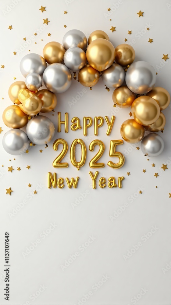 Happy new year 2025, gold and silver balloon arch featuring the text Happy new year 2025, gold and silver balloon arch featuring the text