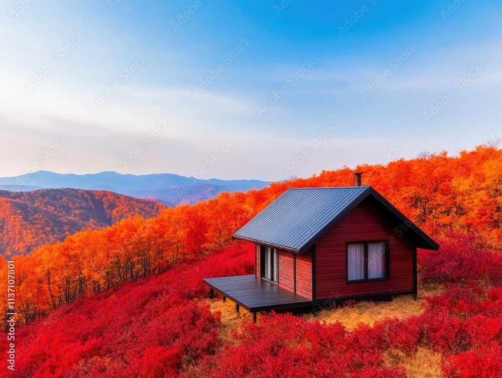 Scenic Red Autumn Landscape with Cozy Cabin in the Mountains Surrounded by Vibrant Foliage under a Clear Blue Sky at Sunrise or Sunset Scenic Red Autumn Landscape with Cozy Cabin in the Mountains Surrounded by Vibrant Foliage under a Clear Blue Sky at Sunrise or Sunset