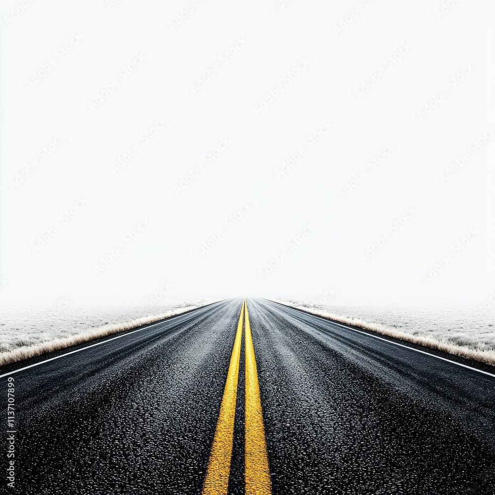 Fototapeta premium Expansive View of a Straight Open Road Leading into a Misty Horizon, Ideal for Travel, Adventure, and Freedom Themes, Capturing the Essence of Journey and Exploration