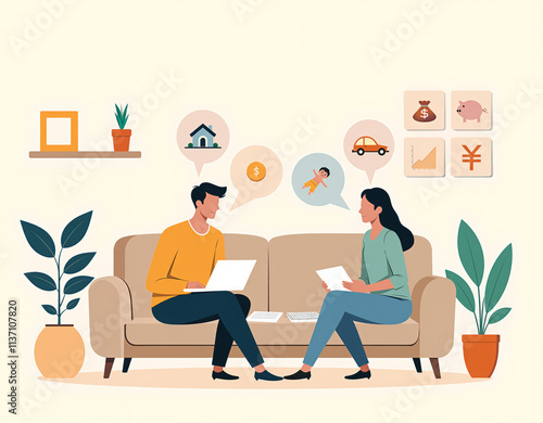 若い夫婦がマネープラン、ライフプランについて話し合っているシンプルなイラスト Simple illustration of a young couple discussing money and life plans