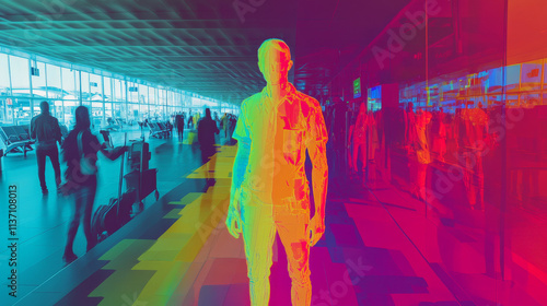 Airport Passenger, Face Blindness, Vivid Colors, Full Body, Digital Art