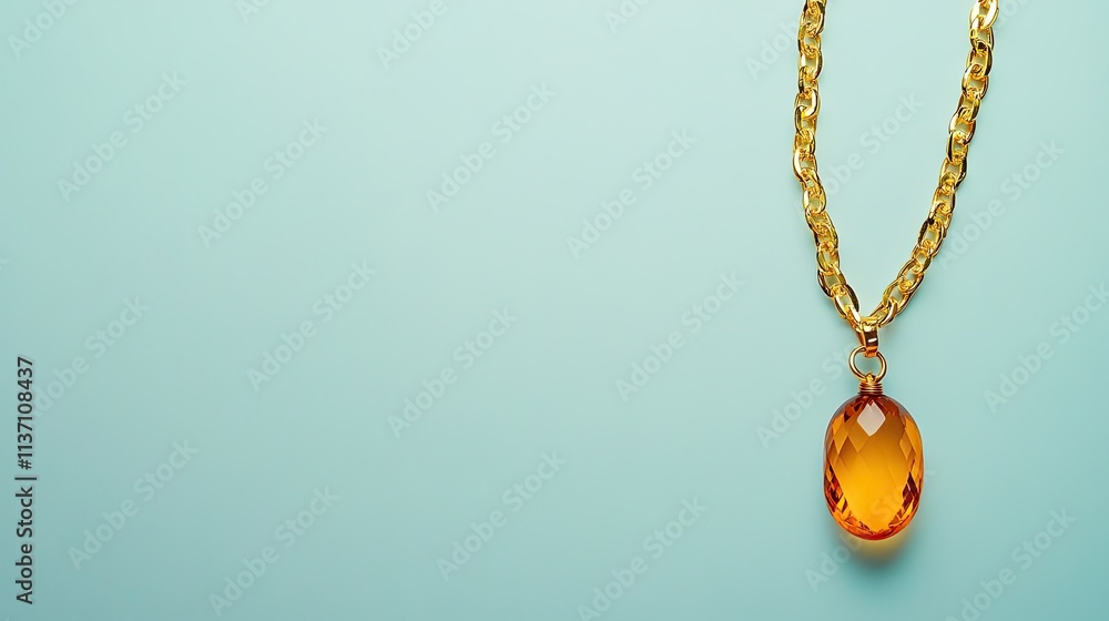 Elegant Gold Necklace with Amber Pendant on Soft Blue Background in Studio Setting, Perfect for Fashion and Jewelry Showcase Elegant Gold Necklace with Amber Pendant on Soft Blue Background in Studio Setting, Perfect for Fashion and Jewelry Showcase