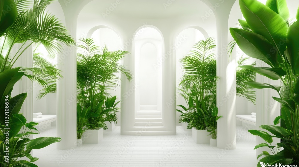 Fototapeta premium Serene Indoor Oasis with Lush Greenery and Elegant Architectural Details in a Bright, Tranquil Space for Relaxation and Rejuvenation