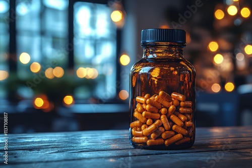 Bottle of Capsules on Wooden Table with Blurred Background photo