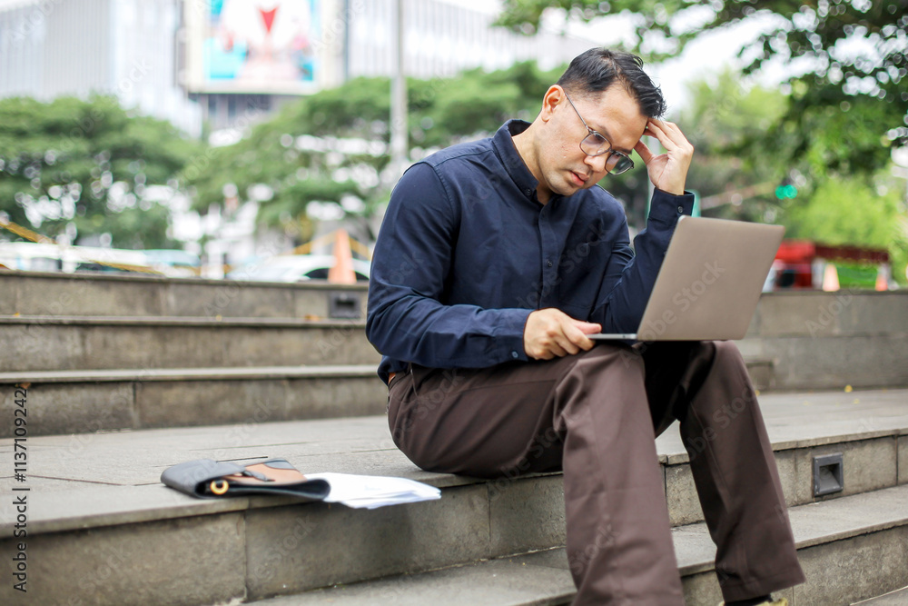 Confused Businessman Touching His Head While Working Using Laptop and Sitting on Stairs