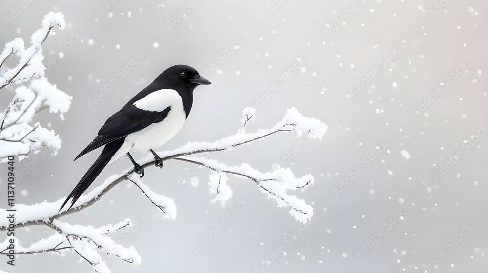 Obraz premium Black and White Magpie on Snowy Branch.