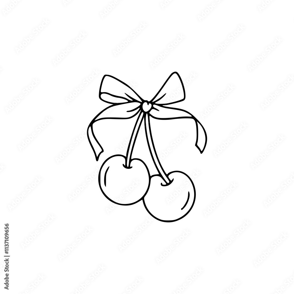 a black and white drawing of a two cherries with a bow a black and white drawing of a two cherries with a bow