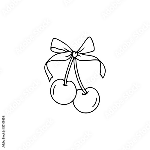 a black and white drawing of a two cherries with a bow